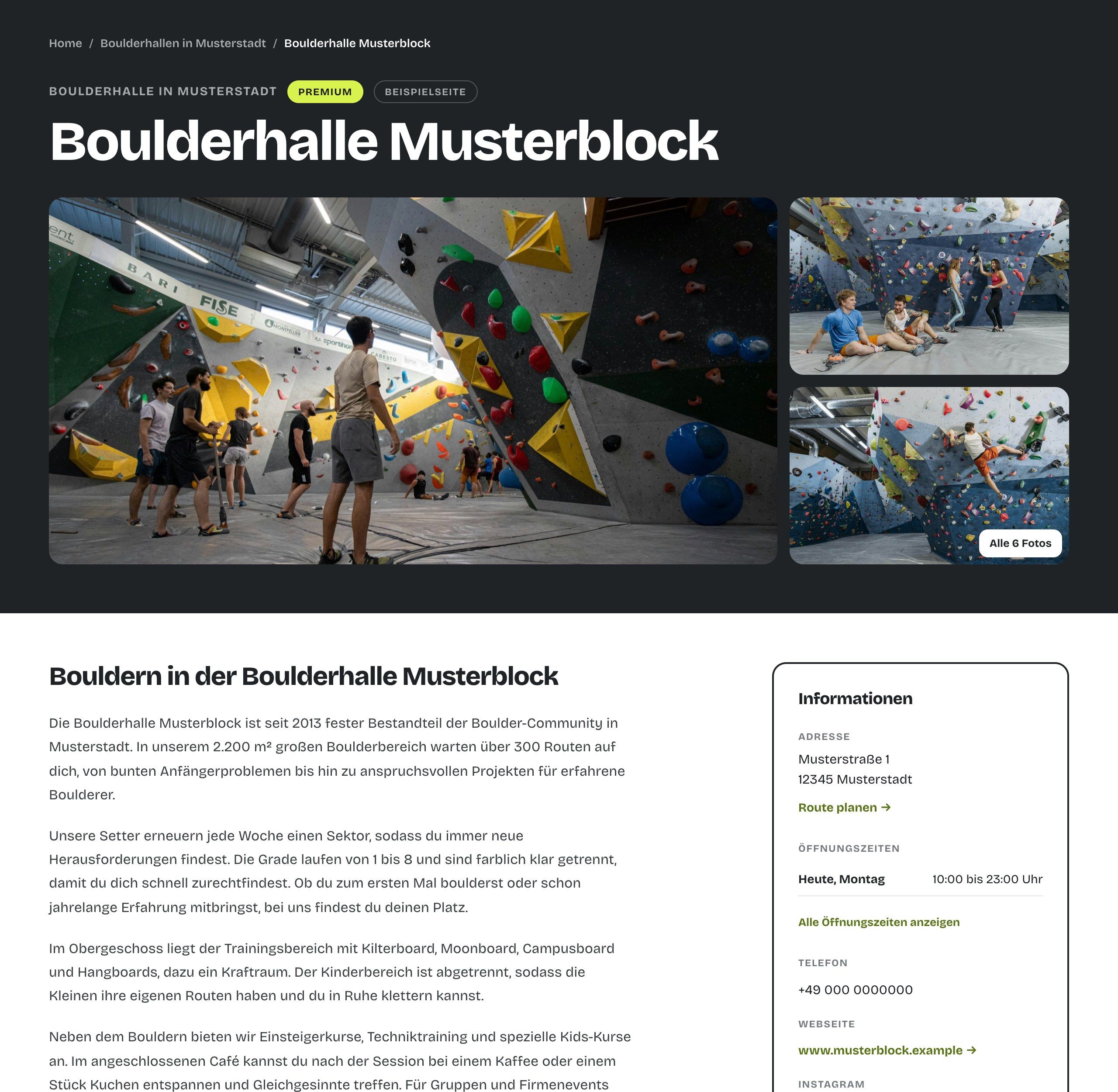 Vollständige Profilseite eines Premium-Listings